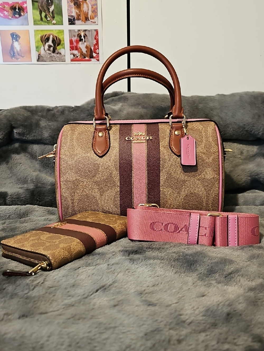 Coach Brown Monogram Satchel with Pink Stripe and Strap
